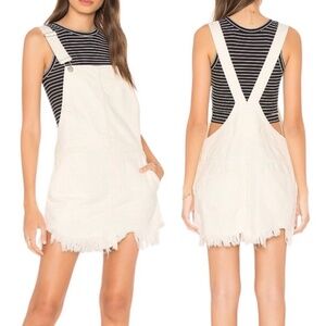 Free People Cream Denim Frayed Hem Overall Dress Size 2